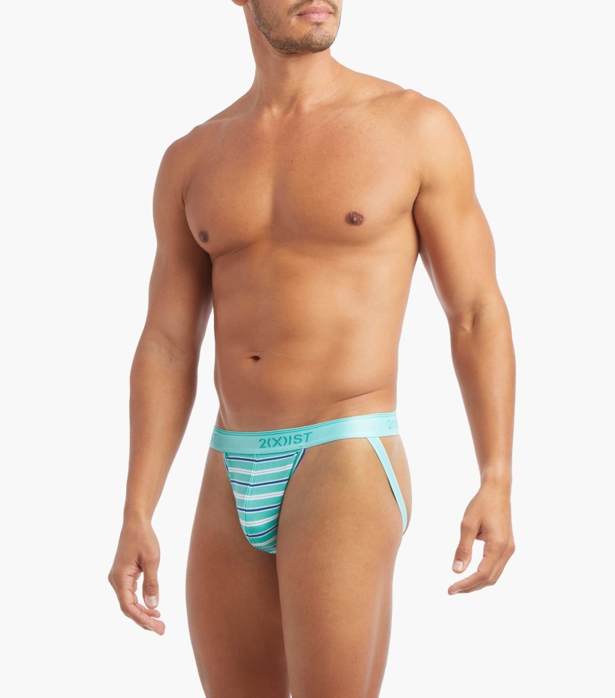 Unterwasche 2(X)IST | Baumwoll-Stretch-Jockstraps 3+1 Bonuspaket Bedruckter Streifen-/Navy-Blazer/Turkis/Geo-X-Druck