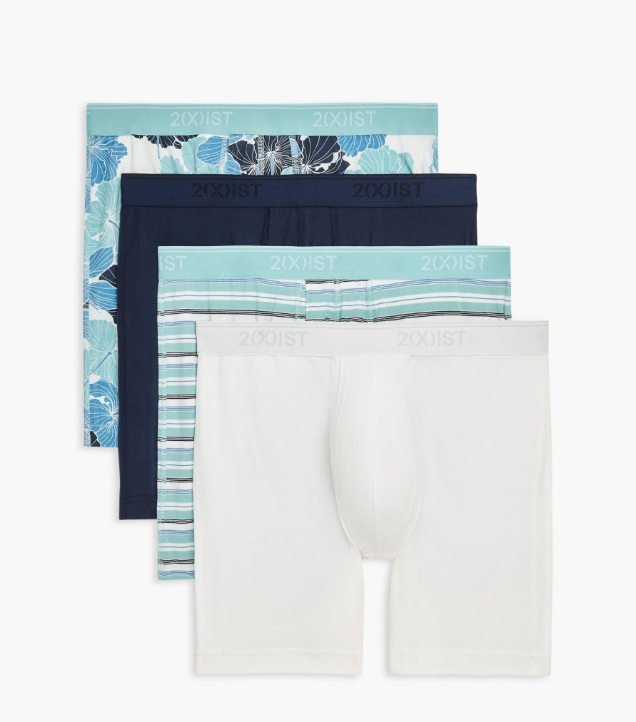 Unterwasche 2(X)IST | Baumwollstretch 6" Boxershorts 3+1 Bonus Pack Fruhling Hibis/Kleid Blau/Mult Streifen/Blanc De Blanc