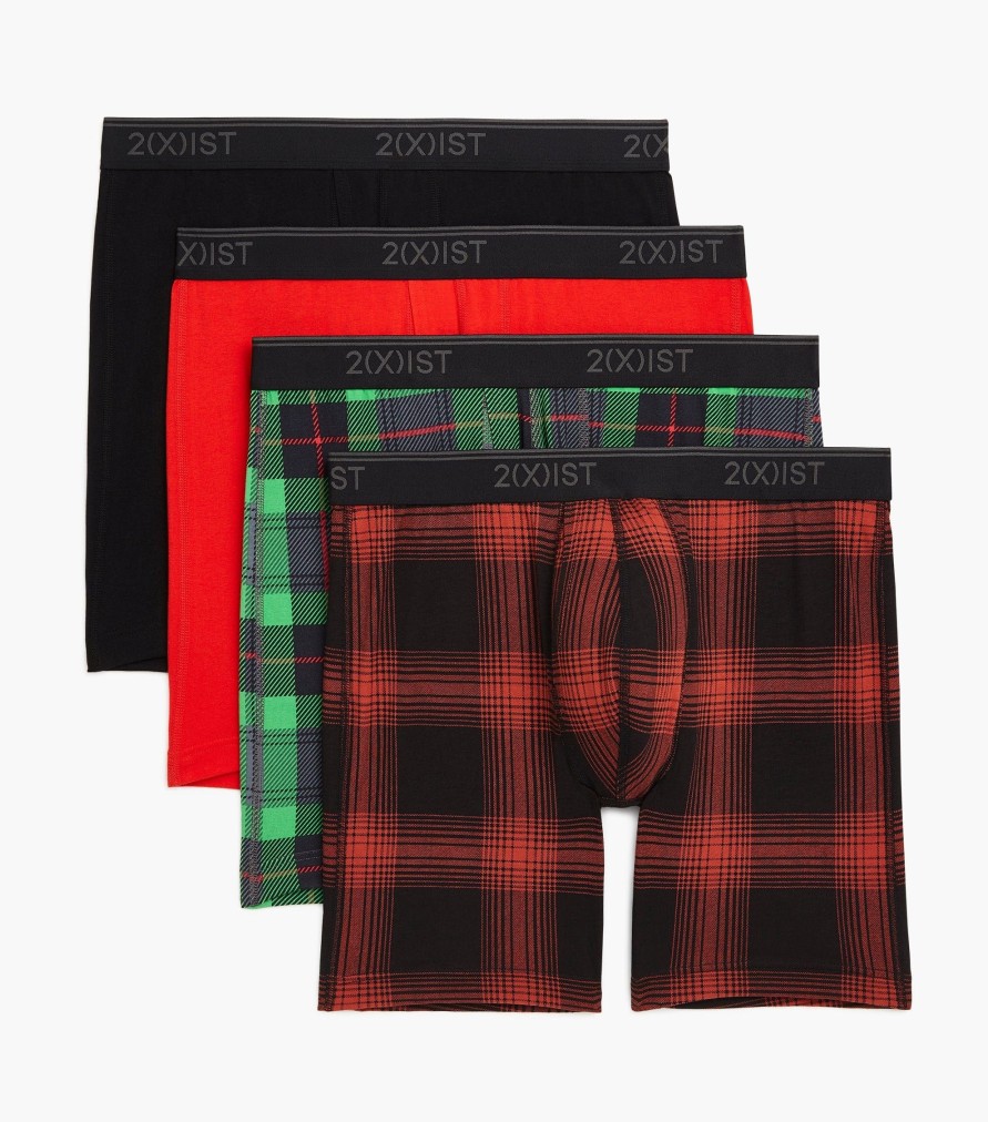 Unterwasche 2(X)IST | Baumwollstretch 6" Boxershorts 3+1 Bonus Pack Gefahrdet/Tartan-Karier/Schwarz/Rotkariert